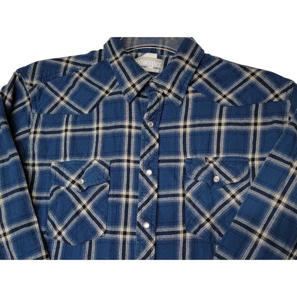 Wrangler Wrancher Western Shirt Mens XL Blue Plaid Pearl Snap Flannel MTSC032
